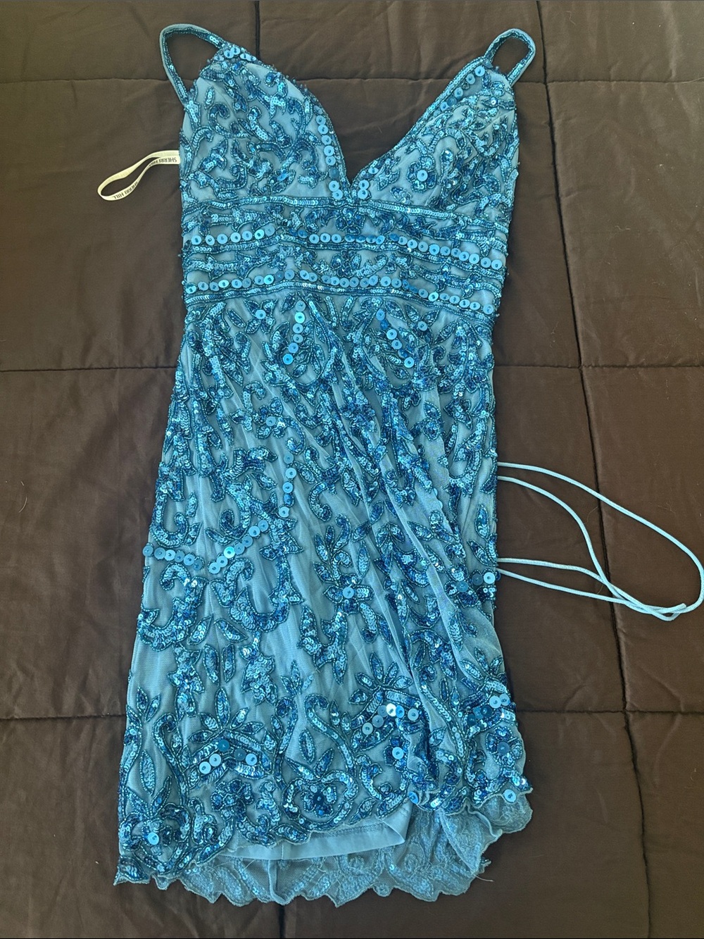 Sherri Hill Teal Blue Beaded Spaghetti-Strap Mini Dress